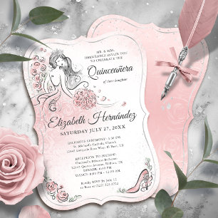 Convites Rosa Bege Prata Princesa Quinceanera Aniversário