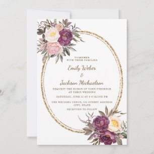 Convites Rosa Bege Roxo Creme Floral Dourado Casamento