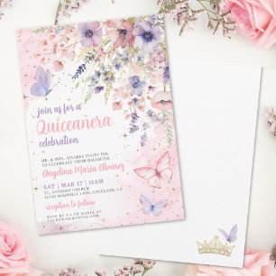 Convites Rosa Bege Roxo Floral Borboleta Quinceanera