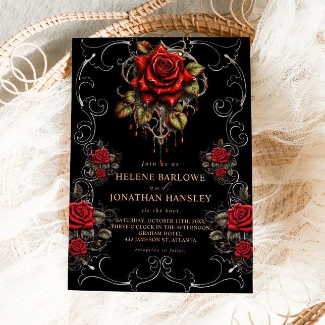 Convites Rosa Black Floral Moody Gothic Weding (Rose Black Floral Moody Gothic Wedding Invitation)