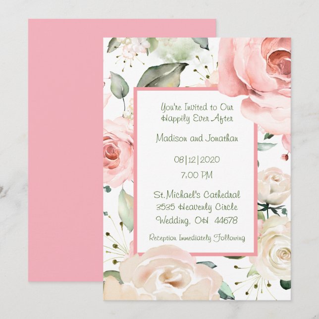 Convites Rosa Blush Watercolor Casamento Elegante (Frente/Verso)