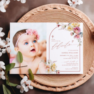 Convites Rosa Boho Garden Flores Fotografia para Menina
