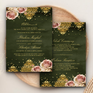 Convites Rosa Boho Islâmico Motivo Verde Casamento Muçulman