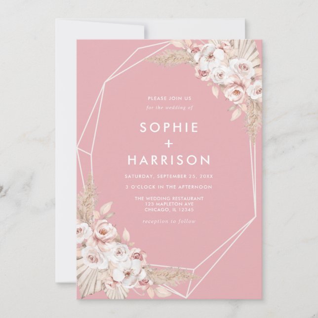 Convites Rosa Boho Pampas Grass Casamento Geométrico Inv (Frente)