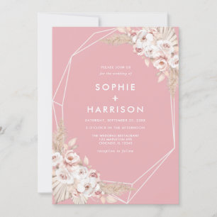 Convites Rosa Boho Pampas Grass Casamento Geométrico Inv
