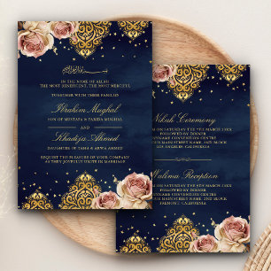 Convites Rosa Boho Rosa Motivo Islâmico Azul Marinho Casame