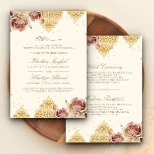 Convites Rosa Boho Rosa Motivo Islâmico Creme Casamento Muç