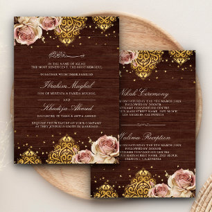 Convites Rosa Boho Rosa Motivo Islâmico Madeira Casamento M