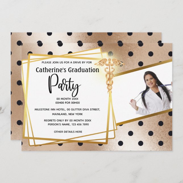 Convites Rosa bolinhas dourada, graduação DIY foto caduceus (Frente/Verso)