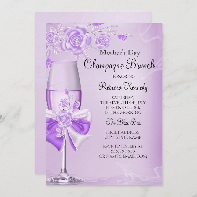 Convites Rosa Bonito Lilac Champagne Brunch (Frente/Verso)