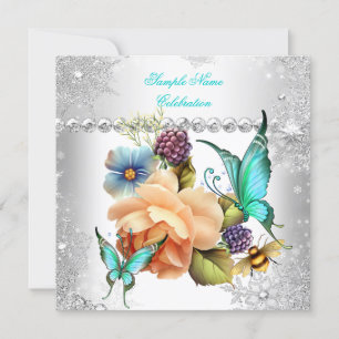 Convites Rosa Borboleta Azul Turquesa Prata Branco Celebraç