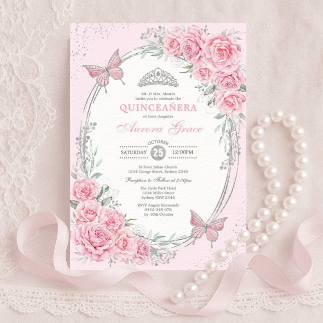 Convites Rosa Borboleta Flor de Quinceañera Rosa Prata Maci (Criador carregado)