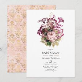 Convites Rosa Borgonha Dourado Floral Shabby Chá de Noiva