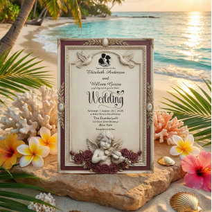 Convites Rosa Borgonha Profundo e Querubins Casamento Vinta