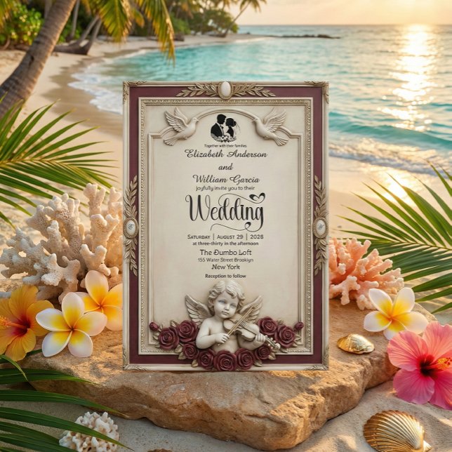 Convites Rosa Borgonha Profundo e Querubins Casamento Vinta (Criador carregado)