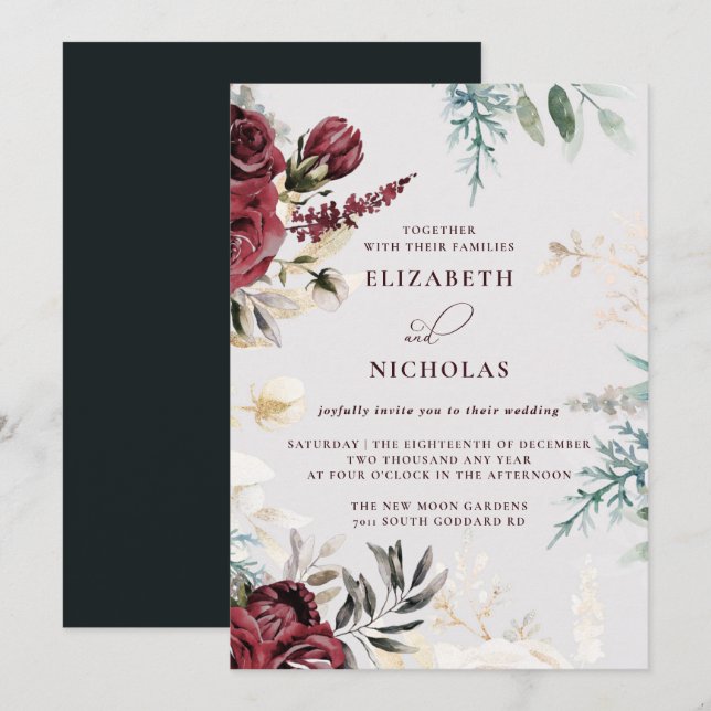 Convites Rosa Borgonha Velvet Escura | Casamento de Outono  (Frente/Verso)