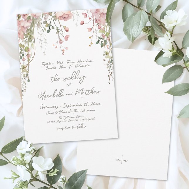 Convites Rosa Botânico Aquarela Flor Silvestre Casamento (Blush Pink Botanical Watercolor Wildflower Wedding Invitation)