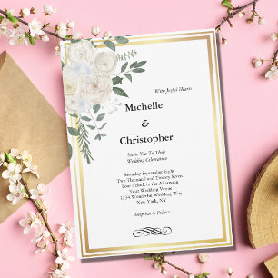 Convites Rosa Branca Borda Dourada Floral Elegante Casament