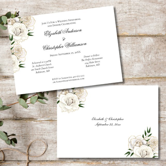 Convites Rosa Branca com Corte Dourado Ensaio de Casamento  (White Roses Floral Flowers Gold Trim, Wedding Rehearsal Dinner Invitation)