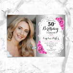 Convites Rosa Branca de Prata Elegante Foto 50º Aniversário<br><div class="desc">Elegante convite floral feminino para o 50º aniversário com sua foto. Glam design com falso prata. Possui rosas cor-de-rosa, fonte de script e confetti. Perfeito para uma festa de comemoração de na moda adulto. Personalize com seus próprios detalhes. Pode ser personalizado para qualquer idade! Impressos convites Zazzle ou modelo de...</div>