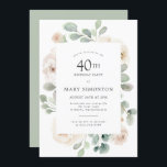 Convites Rosa Branca do Partido aniversário de 40 anos<br><div class="desc">Honre uma mulher especial com este convite de festas elegante. As rosas brancas aninhadas em folhas de eucalipto verdes,  de sábio mole formam uma estrutura botânica moderna. Todo o texto pode ser editado,  para que você possa descrever perfeitamente sua celebração especial</div>