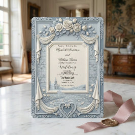 Convites Rosa Branca e Azul Poético Romance Casamento