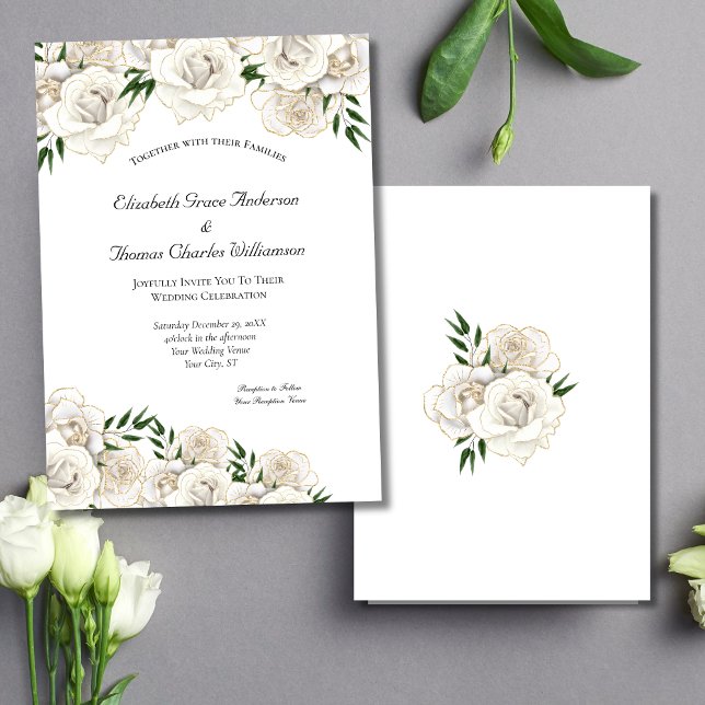 Convites Rosa Branca e Dourado Casamento Clássico Elegante  (White Roses Gold Trim Elegant Wedding Invitation. Printed or Instant Digital Download)