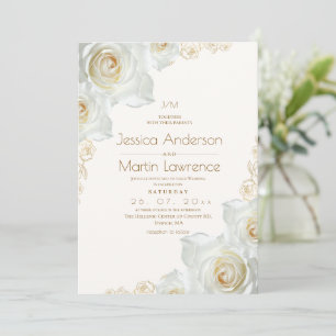 Convites Rosa Branca e Flores Douradas Elegante Casamento