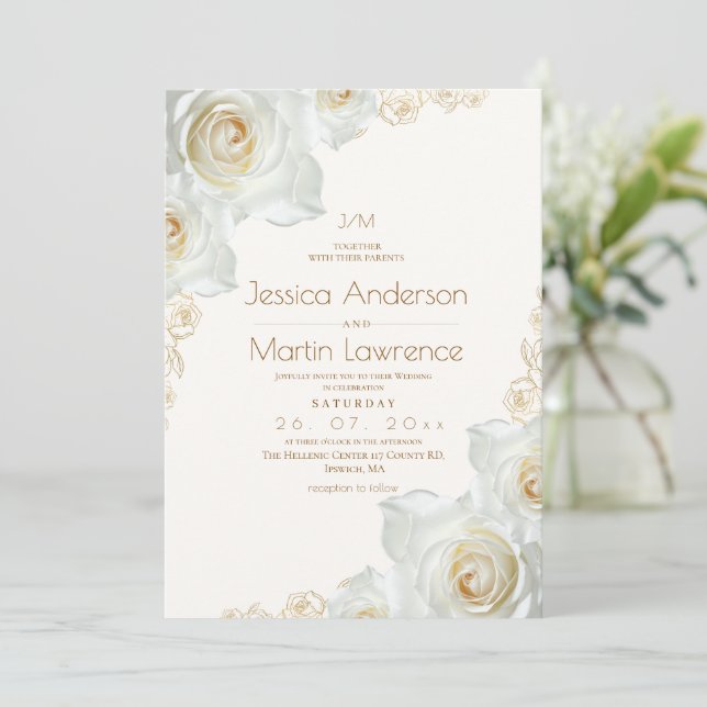 Convites Rosa Branca e Flores Douradas Elegante Casamento (Em pé/Frente)