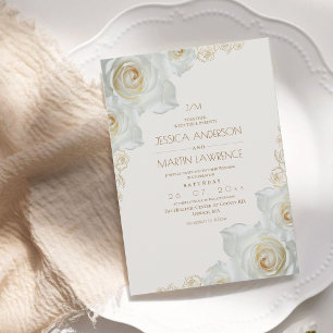 Convites Rosa Branca e Flores Douradas Elegante Casamento