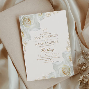 Convites Rosa Branca e Flores Douradas Elegante Casamento S