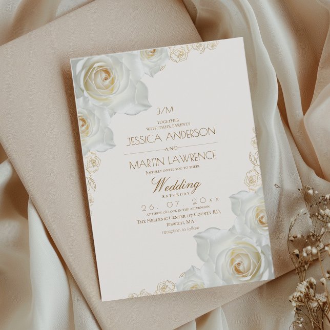 Convites Rosa Branca e Flores Douradas Elegante Casamento S (Criador carregado)