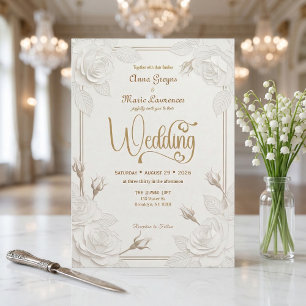 Convites Rosa Branca Efeito Corte de Papel 3D Dourado Casam