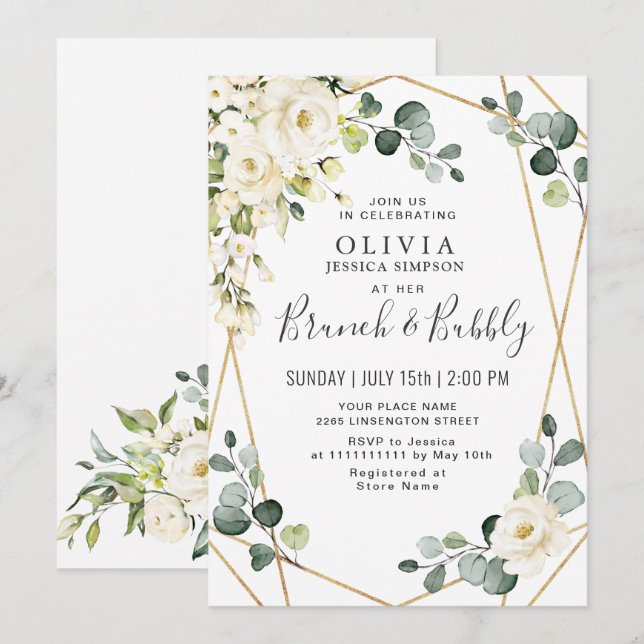 Convites Rosa Branca Eucalipto Greenery Brunch & Bubbly (Frente/Verso)