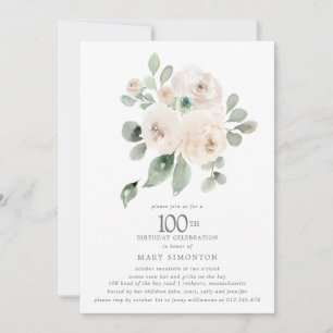 Convites Rosa branca Eucalyptus Floral 100ª Festa de aniver
