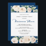 Convites Rosa Branca Floral no Marinho Azul Doce Dezesseis<br><div class="desc">As rosas brancas elegantes e bonitas estão aninhadas em folhas verdes sagradas. O fundo azul marinho os enquadra à perfeição. O nome da aniversariante está escrito em um script clássico no mesmo azul marinho. O restante do texto é uma fonte serif tradicional. O marinho e a combinação branca fazem dele...</div>
