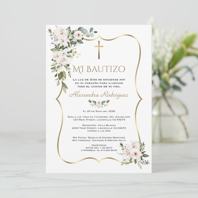 Convites Rosa Branca Lírio Bautizo Con Flores Dourado Batis (Em pé/Frente)