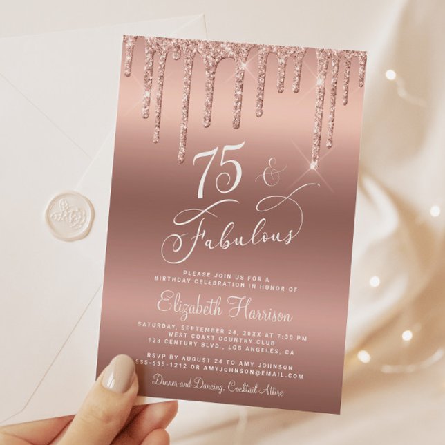 Convites Rosa brilhante Elegante Festa de aniversário Doura (Celebrate her 75 years of sparkle with an elegant rose gold glitter birthday party invitation)
