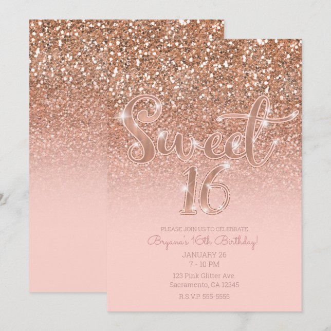 Convites Rosa Brilho Moderno Glam Glitter Doce 16 (Frente/Verso)