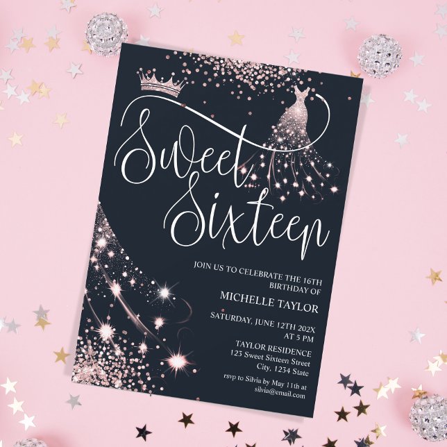 Convites Rosa Chic Moderno Dourado Glitter Sweet 16 (Criador carregado)
