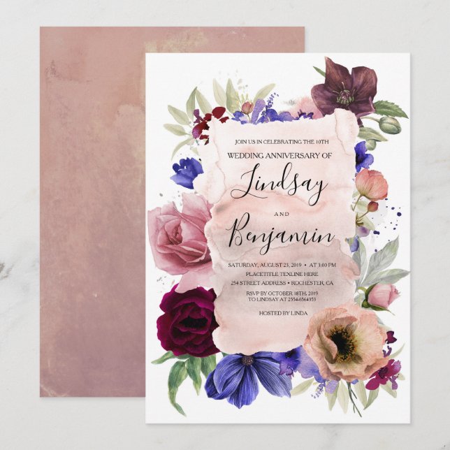 Convites Rosa-choque Azul e Floral de Vinho Casamento Anive (Frente/Verso)