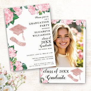 Convites Rosa claro Floral Elegante e Graduação Branca