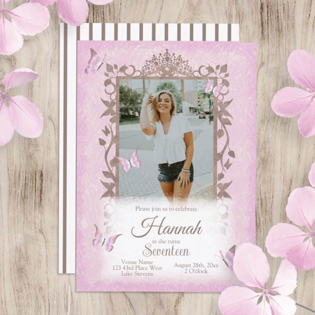 Convites Rosa claro Marrom Borboletas Festa de aniversário (light pink, brown butterfly birthday party invitation for girl, teen, young woman with brown stripes)