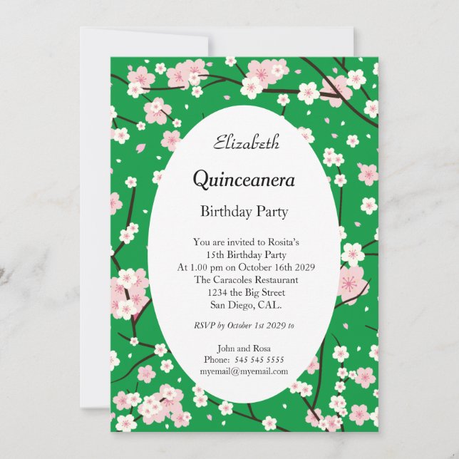 Convites Rosa claro Quinceanera Flores floridas Verde (Frente)