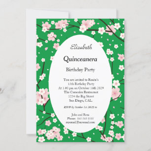 Convites Rosa claro Quinceanera Flores floridas Verde 