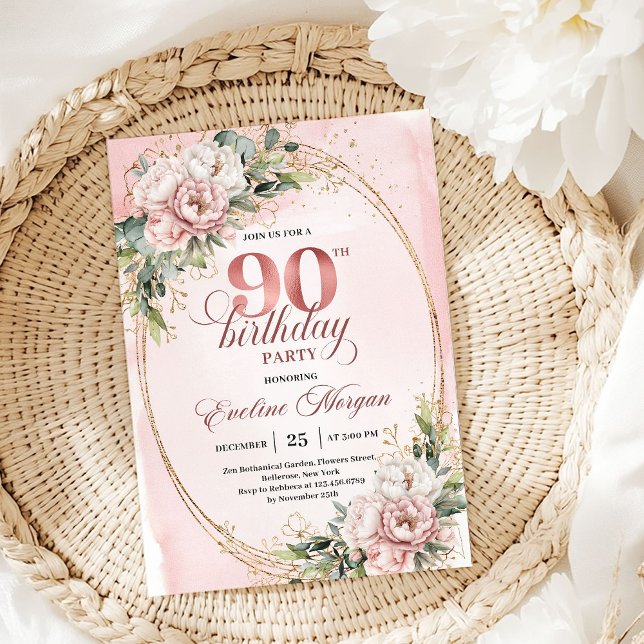 Convites Rosa Clássico Dourado Flora Verde 90º Aniversário  (Classic Rose Gold Floral Greenery 90th Birthday Invite)