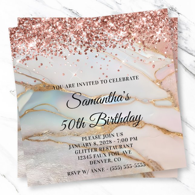 Convites Rosa com brilho Dourado Marbled Opal 50º Aniversár (Rose Gold Glitter Marbled Opal 50th Birthday Invitation)