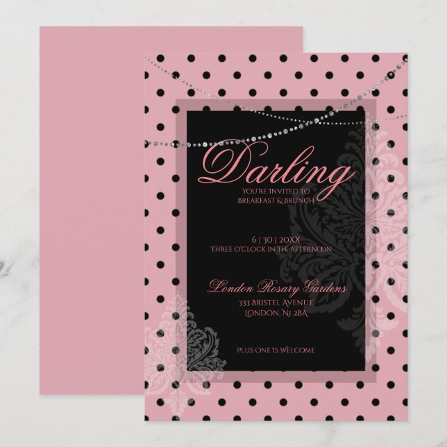 Convites Rosa com pontos pretos de breakfast brunch (Frente/Verso)