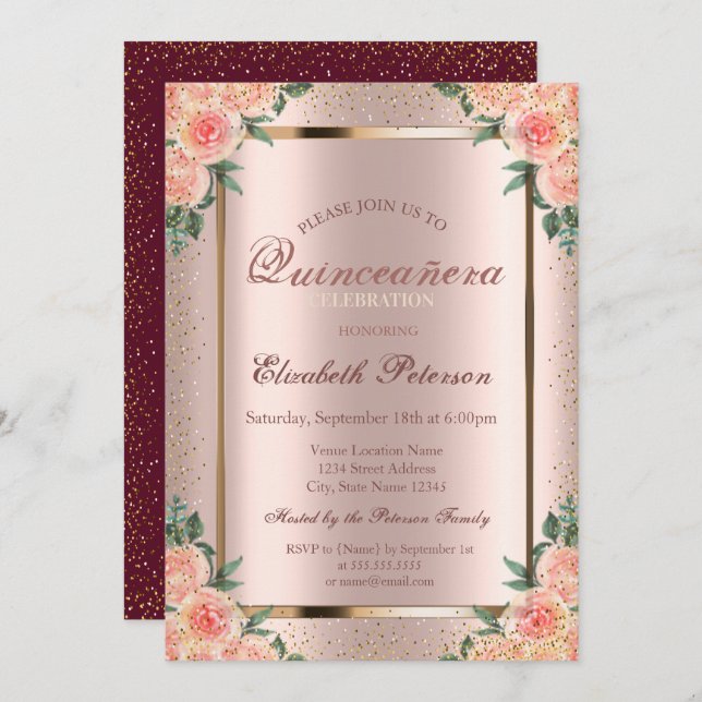 Convites Rosa Confetti Rosa Dourado, Quinceañera Burgundy (Frente/Verso)