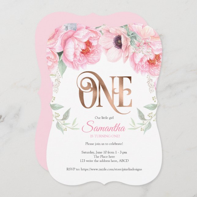 Convites Rosa, cor-de-rosa, Aquarela, Floral, primeiro aniv (Frente/Verso)